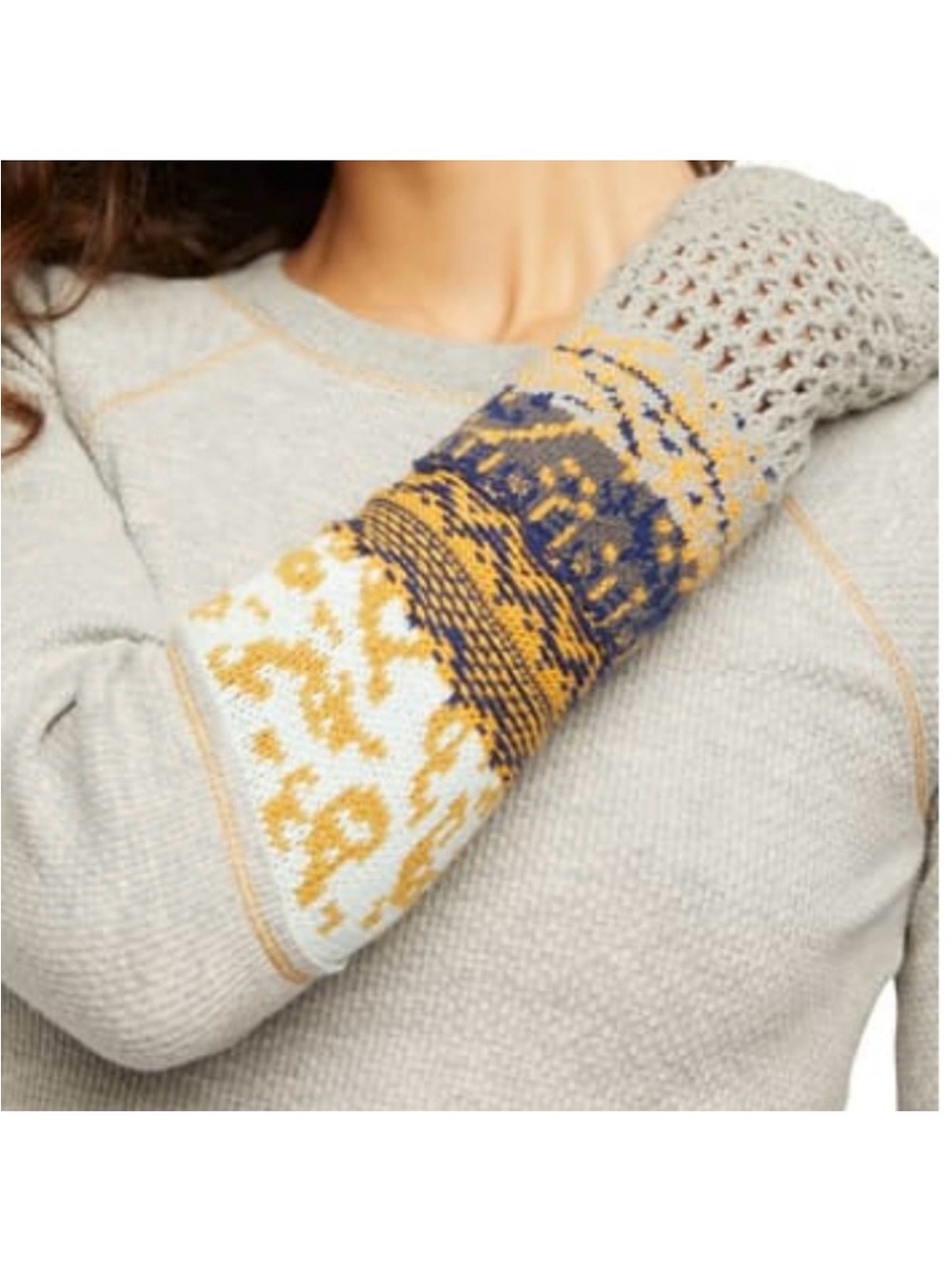Free People In The Mix Cuff Thermal with Mustard and Navy Pattern Crochet Sleeve